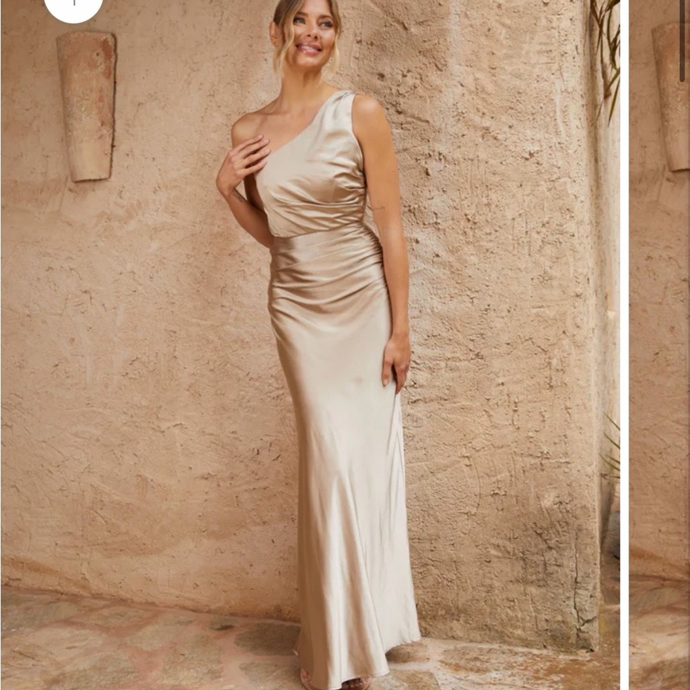 Elegant One-Shoulder Gold Dress - bridesmaid dress. UK 12 (fits US 4)